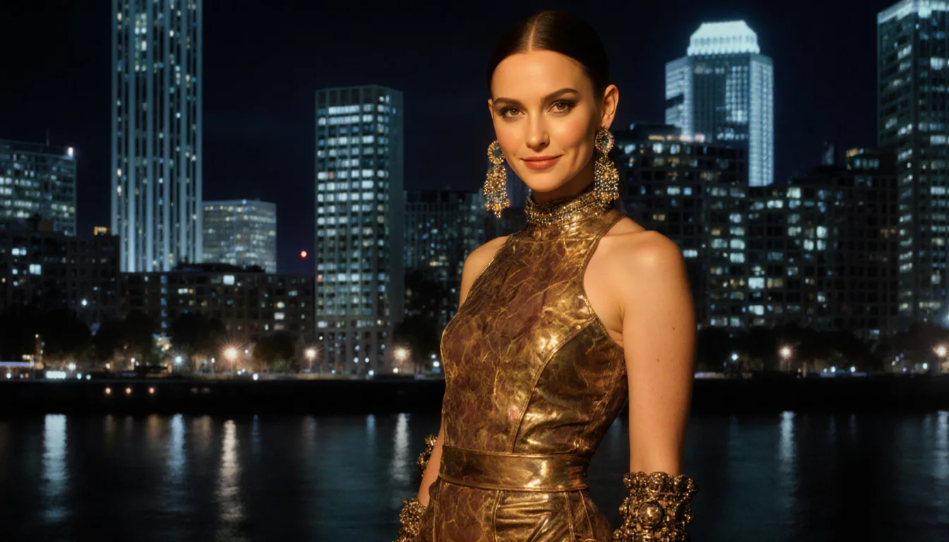 Dakota Johnson standing with avant-garde outfit and warm glow against a night cityscape and SNL stage hint.