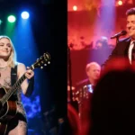 Dakota Johnson SNL enters stage spotlighting her face and a sly smile while neon lights flash above Lily Allen playing guitar