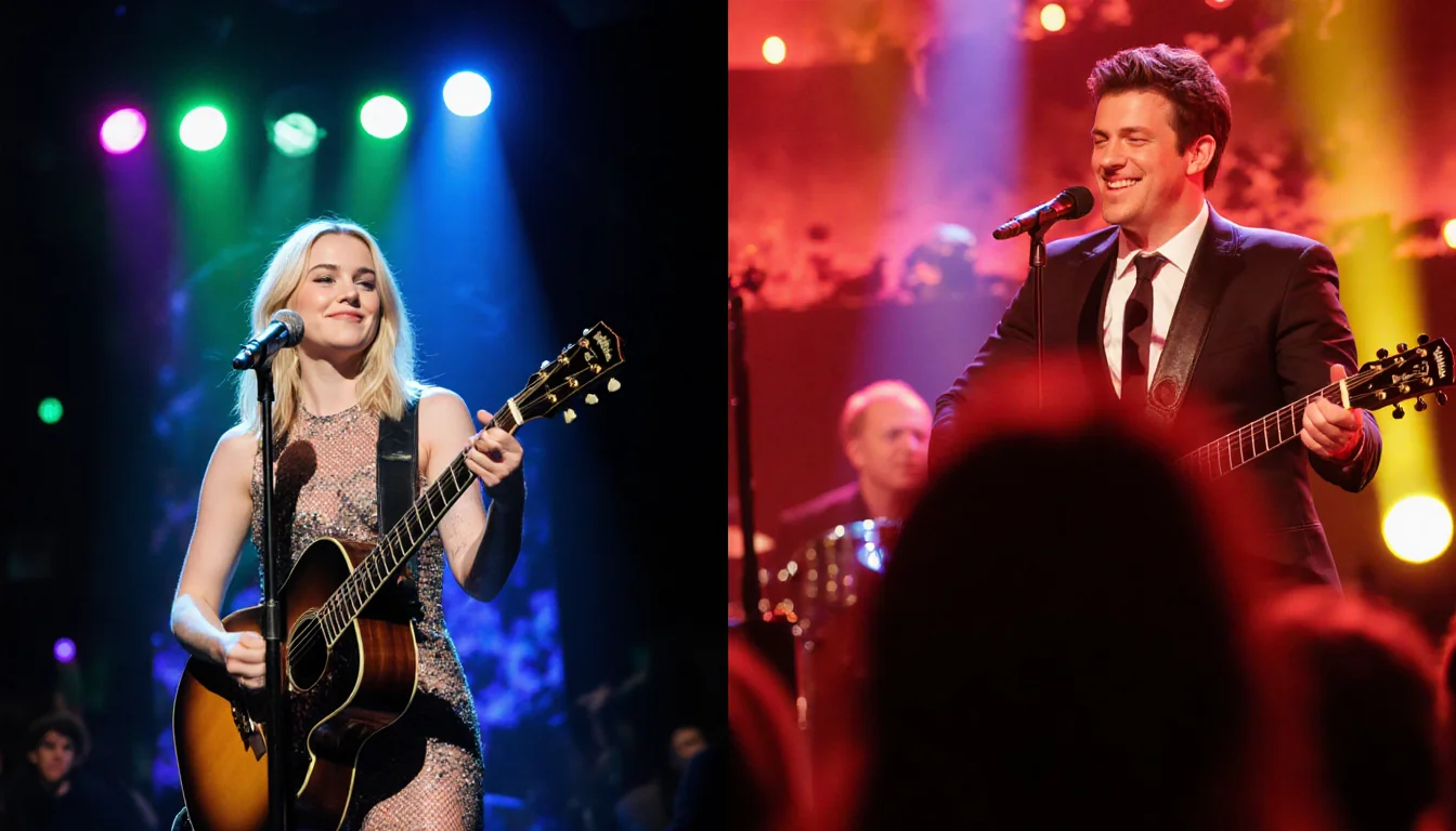 Dakota Johnson SNL enters stage spotlighting her face and a sly smile while neon lights flash above Lily Allen playing guitar