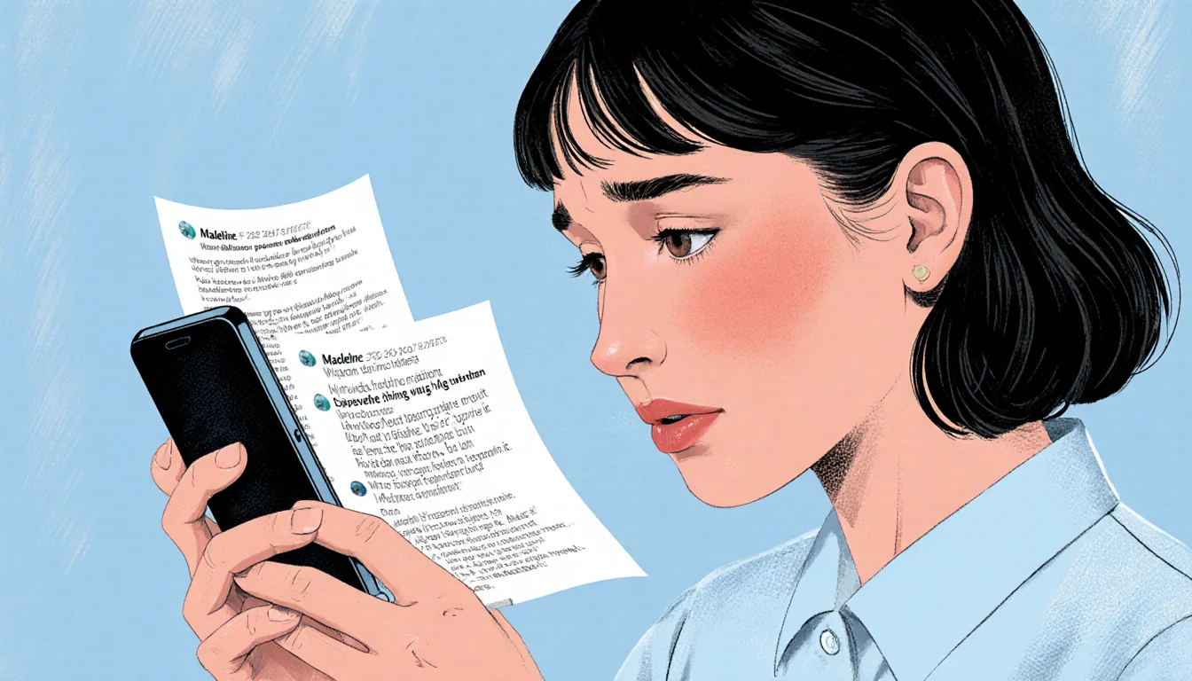 Dakota Johnson reading text messages on a smartphone with quiet evening lighting and a concerned expression.