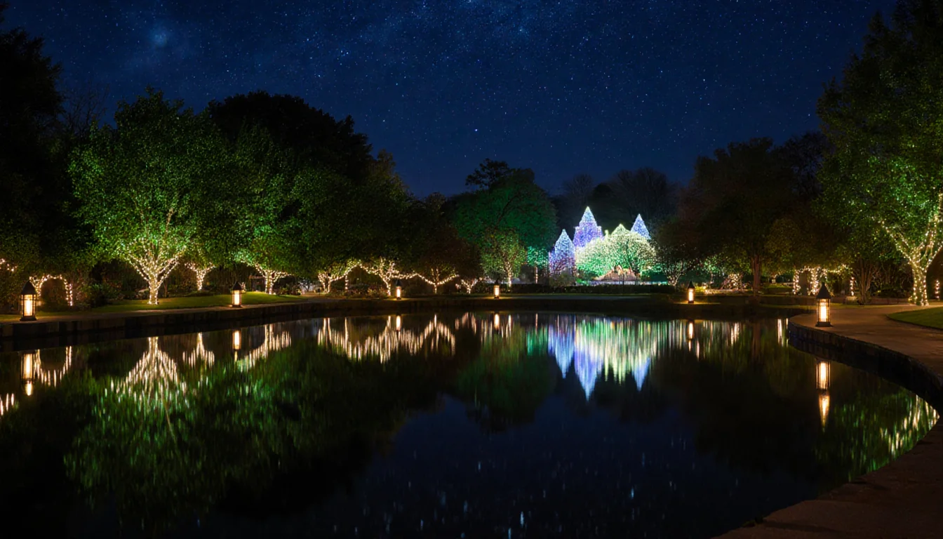 Lake reflects illuminated trees at Dallas Arboretum with starry winter evening sky and lantern-lit pathways