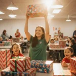 Young volunteer holds wrapped gift with excited children and warm golden holiday light in Dallas Children