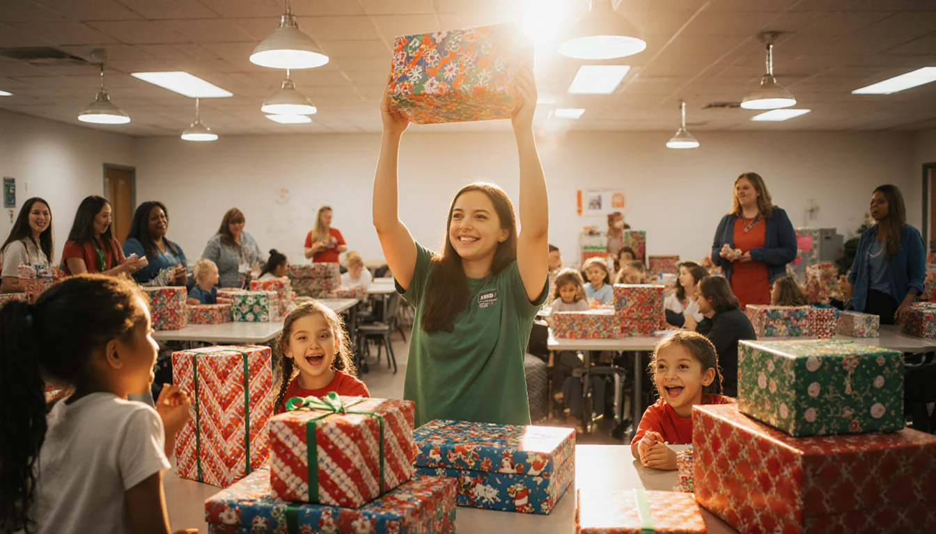Young volunteer holds wrapped gift with excited children and warm golden holiday light in Dallas Children