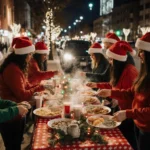 Volunteer in Santa hat serving steaming meals to homeless people with festive lights and passing cars.