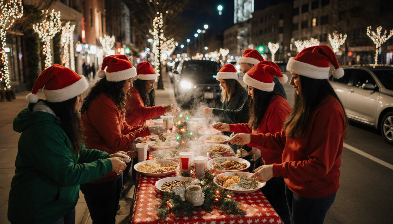 Volunteer in Santa hat serving steaming meals to homeless people with festive lights and passing cars.