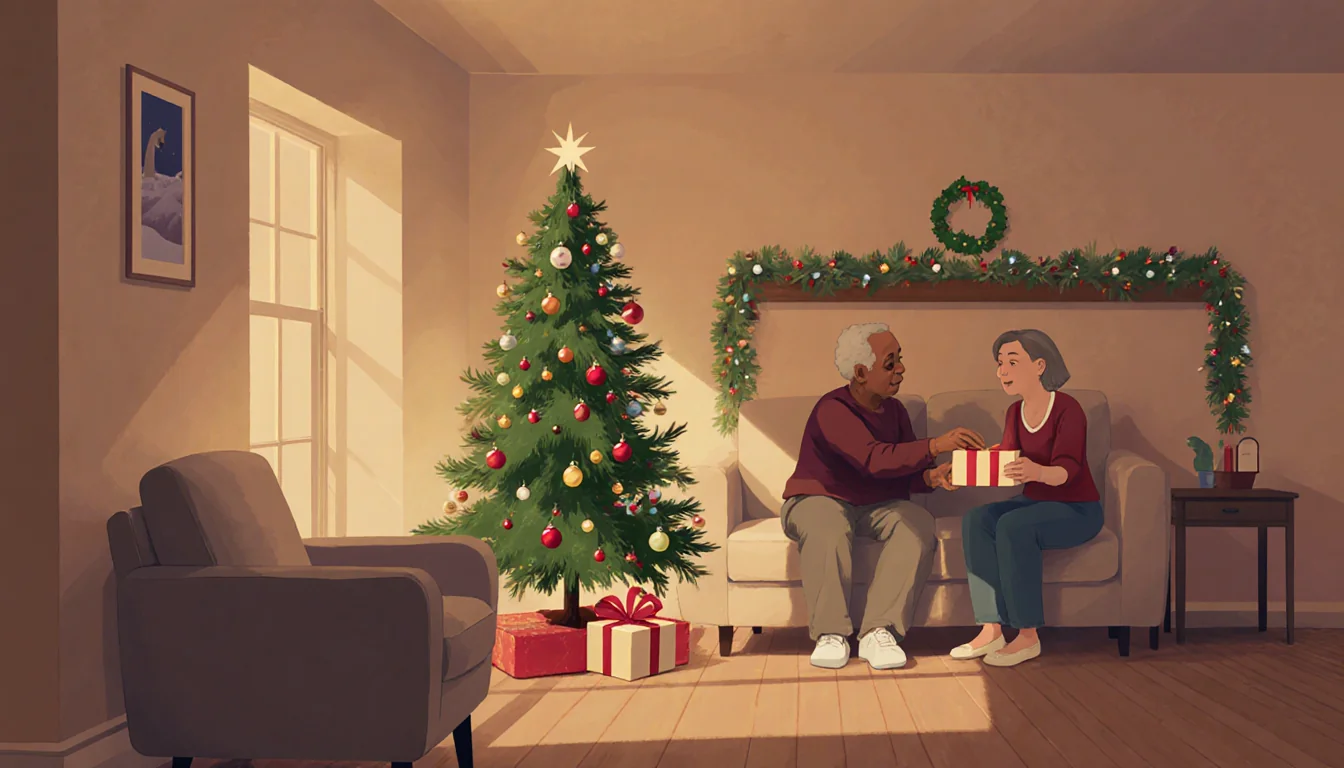 Residents sharing a tender moment exchanging gifts in early recovery on couch with small Christmas tree and warm lighting