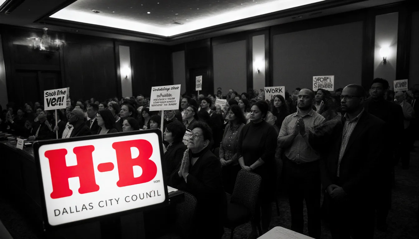 Council speaker addresses worried community members holding signs with fluorescent lights and an H‑E‑B logo in foreground