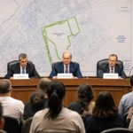 Dallas residents stand in city council chamber holding signs with Save our neighborhood and No to H-E-B expansion on a map of