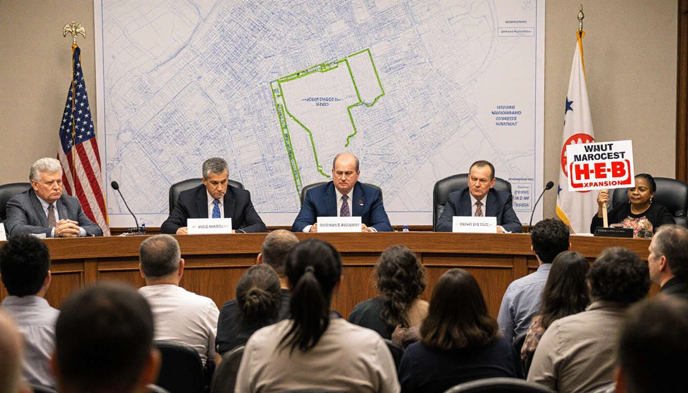 Dallas residents stand in city council chamber holding signs with Save our neighborhood and No to H-E-B expansion on a map of