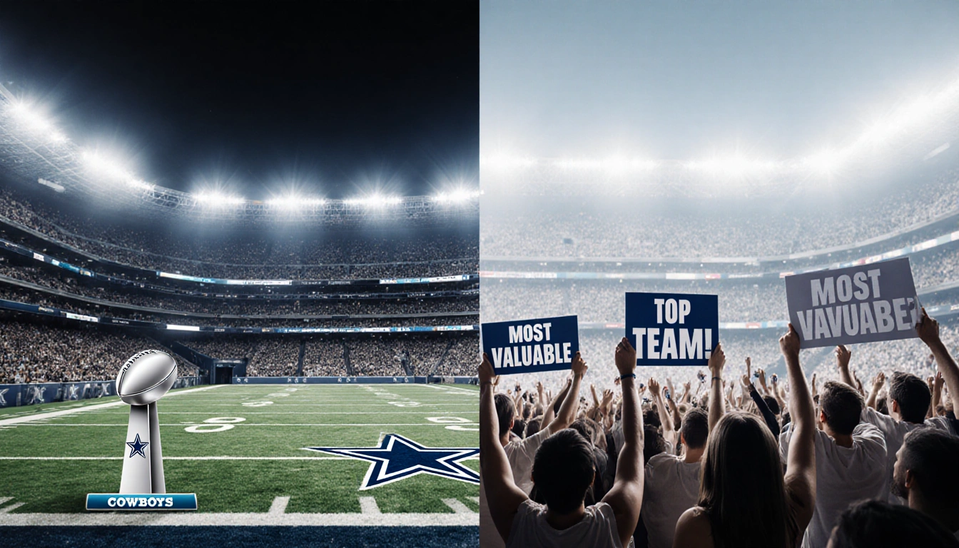 Dallas Cowboys split screen shows football field with Super Bowl trophy on one side and fans with Top Team signs on other