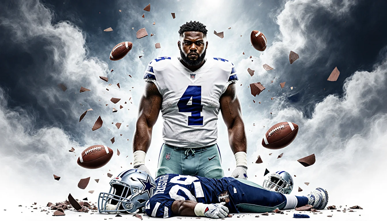 Quinnen Williams stands defiantly with clouds and helmets while a discarded Micah Parsons jersey lies near shattered football