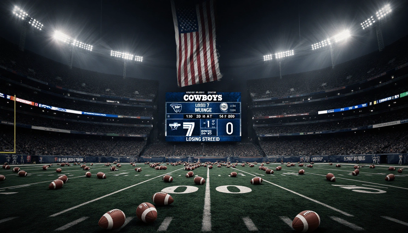 Clock ticks toward zero with Cowboys playoff hopes fading scoreboard on AT&T Stadium field littered with fallen footballs.