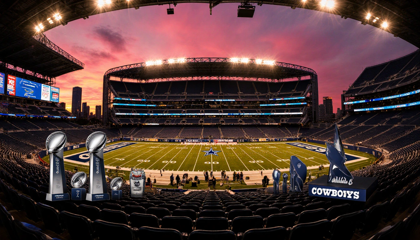Dallas Cowboys stadium illuminated at night with pink-orange sky and golden field surrounded by trophies