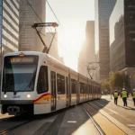 DART light rail train gliding along tracks with commuters aboard and morning sunlight reflecting off Dallas skyscrapers