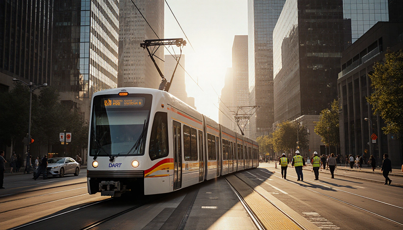 DART light rail train gliding along tracks with commuters aboard and morning sunlight reflecting off Dallas skyscrapers