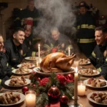 Firefighters gather around a holiday kitchen table with a golden turkey centerpiece and warm lighting.