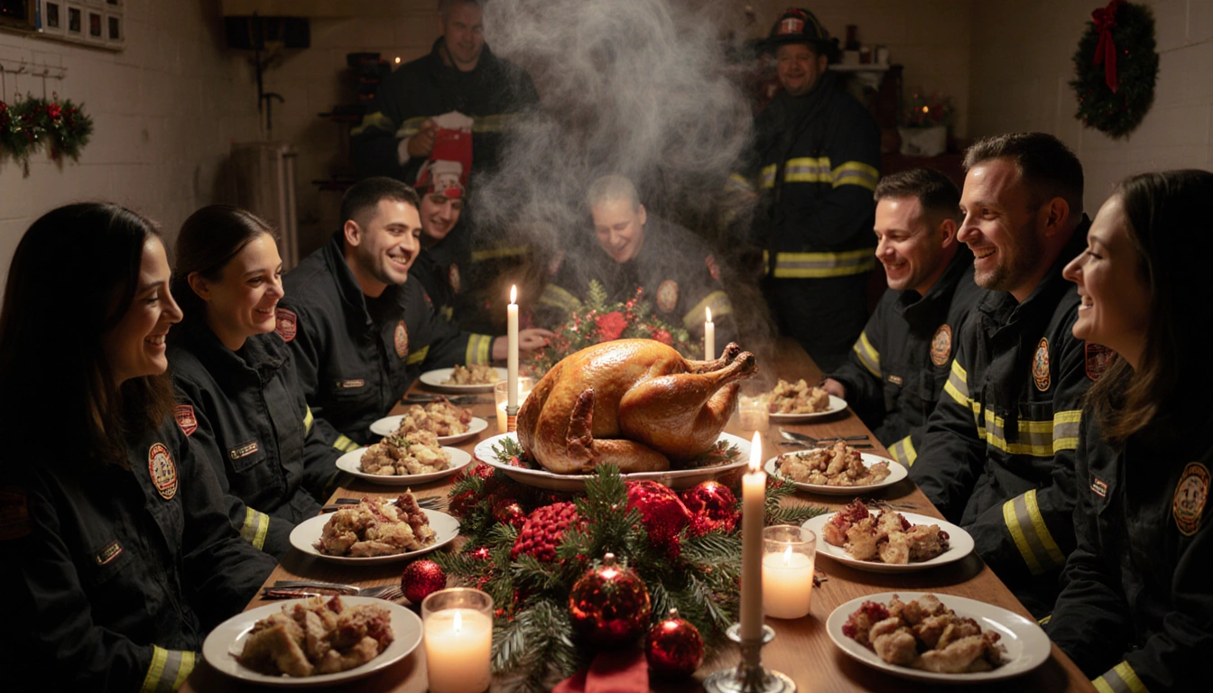 Firefighters gather around a holiday kitchen table with a golden turkey centerpiece and warm lighting.