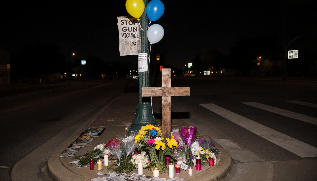 Cross stands in a small memorial with flowers, balloons, and a faded Stop Gun Violence banner in Dallas