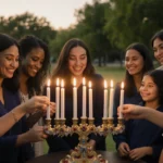 Women and children gather around a lit Hanukkah menorah with five candles and a golden dusk glow over Dallas park.