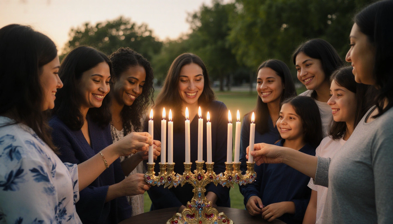Women and children gather around a lit Hanukkah menorah with five candles and a golden dusk glow over Dallas park.