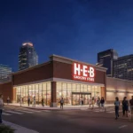 People walking toward glowing H‑E‑B grocery store in Dallas with indigo sky and city skyline