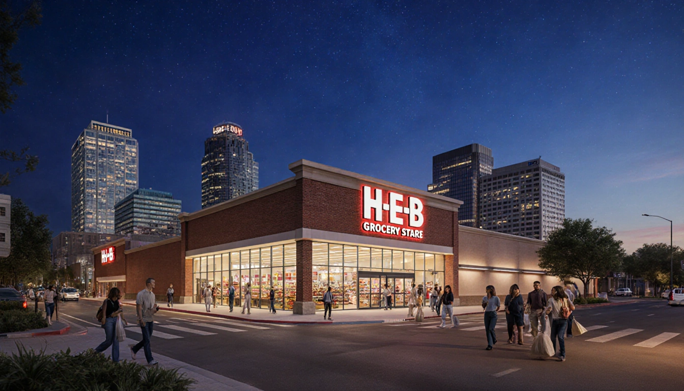 People walking toward glowing H‑E‑B grocery store in Dallas with indigo sky and city skyline