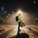 A lone figure in yellow jacket stands at Dallas Marathon finish line holding a large backpack with donated goods and hope