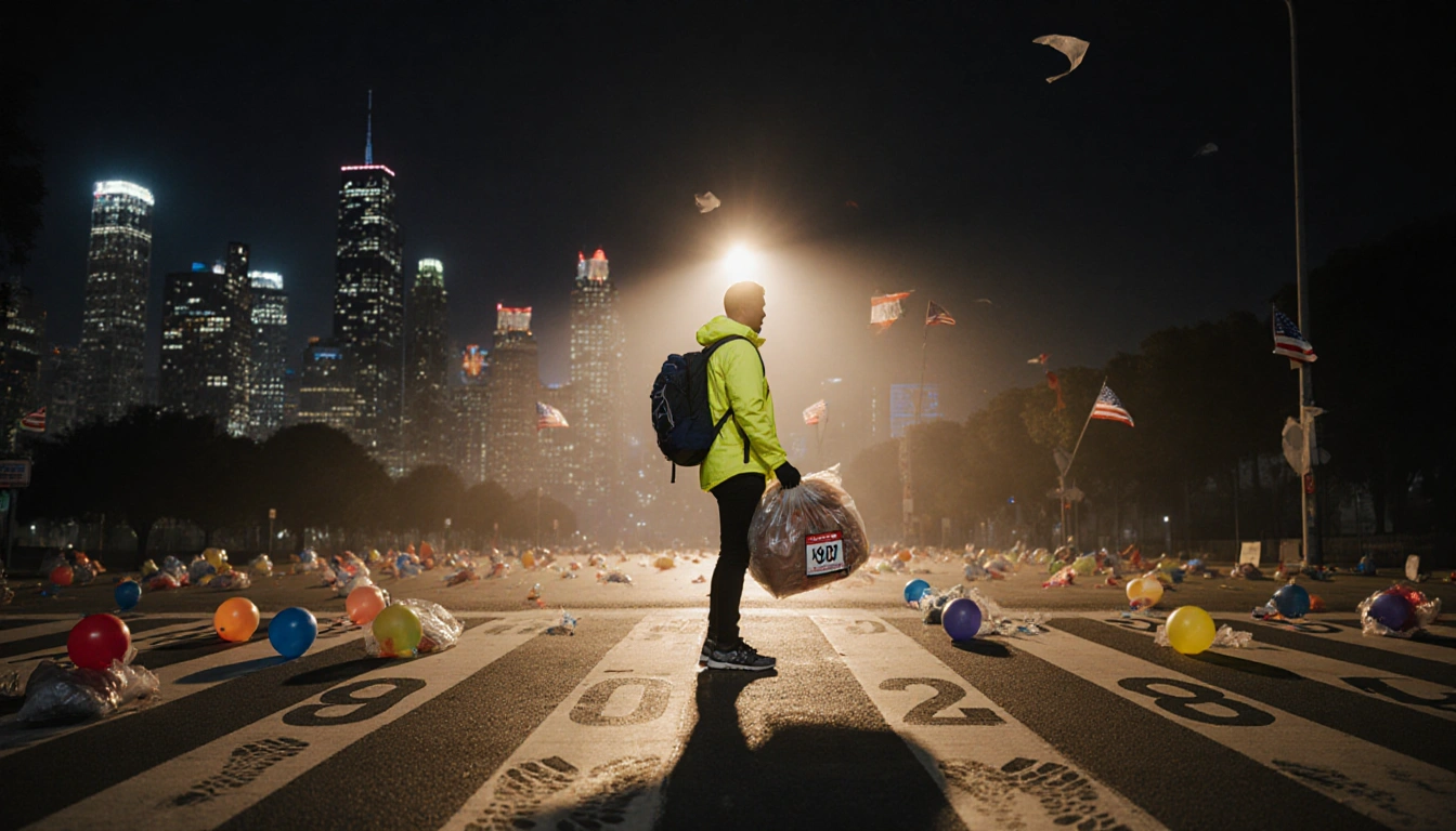 A lone figure in yellow jacket stands at Dallas Marathon finish line holding a large backpack with donated goods and hope