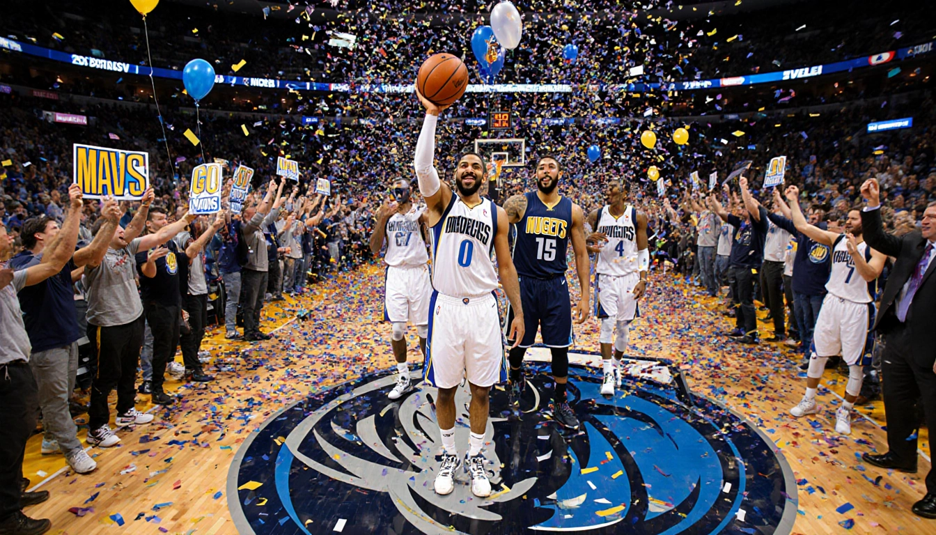 Cooper Flagg holding the winning ball with confetti and cheering Mavericks fans holding Mavs signs