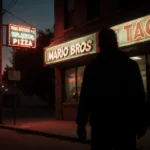 Shadowy figure looming over Mario Bros Tacos with neon flicker and warm glow from Primo Brother