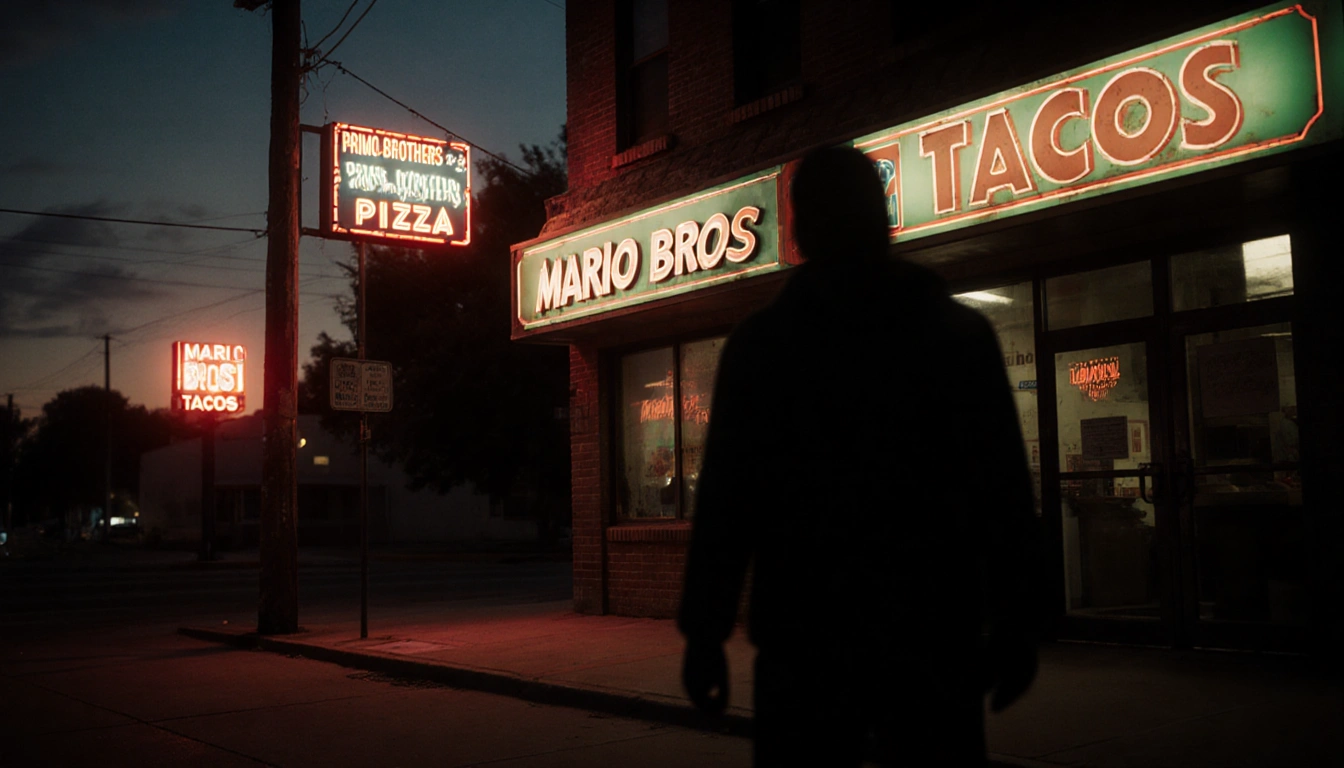 Shadowy figure looming over Mario Bros Tacos with neon flicker and warm glow from Primo Brother