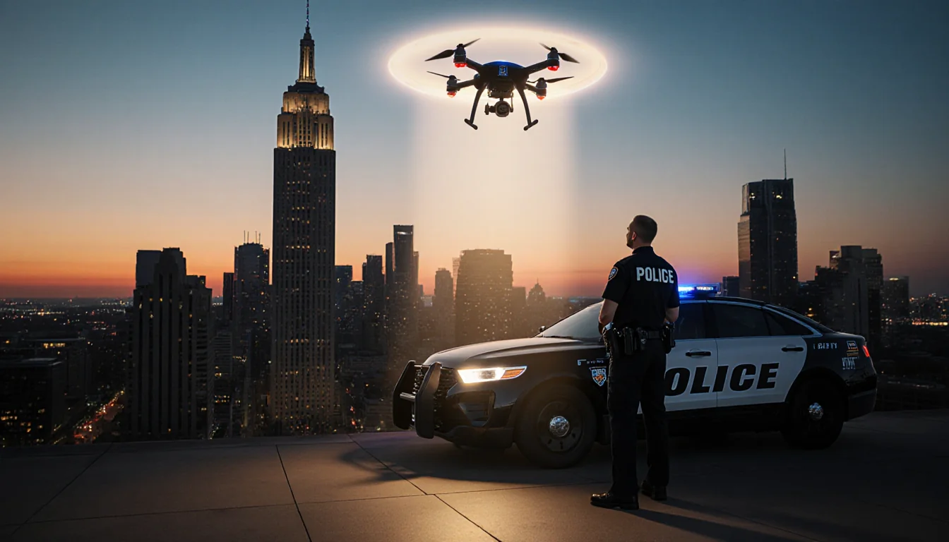 Drone hovering above Dallas skyline with City Hall in front and police officer watching at sunset