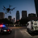 Person in reflective vest inspecting license plate readers with a police drone hovering above and a police car parked nearby.