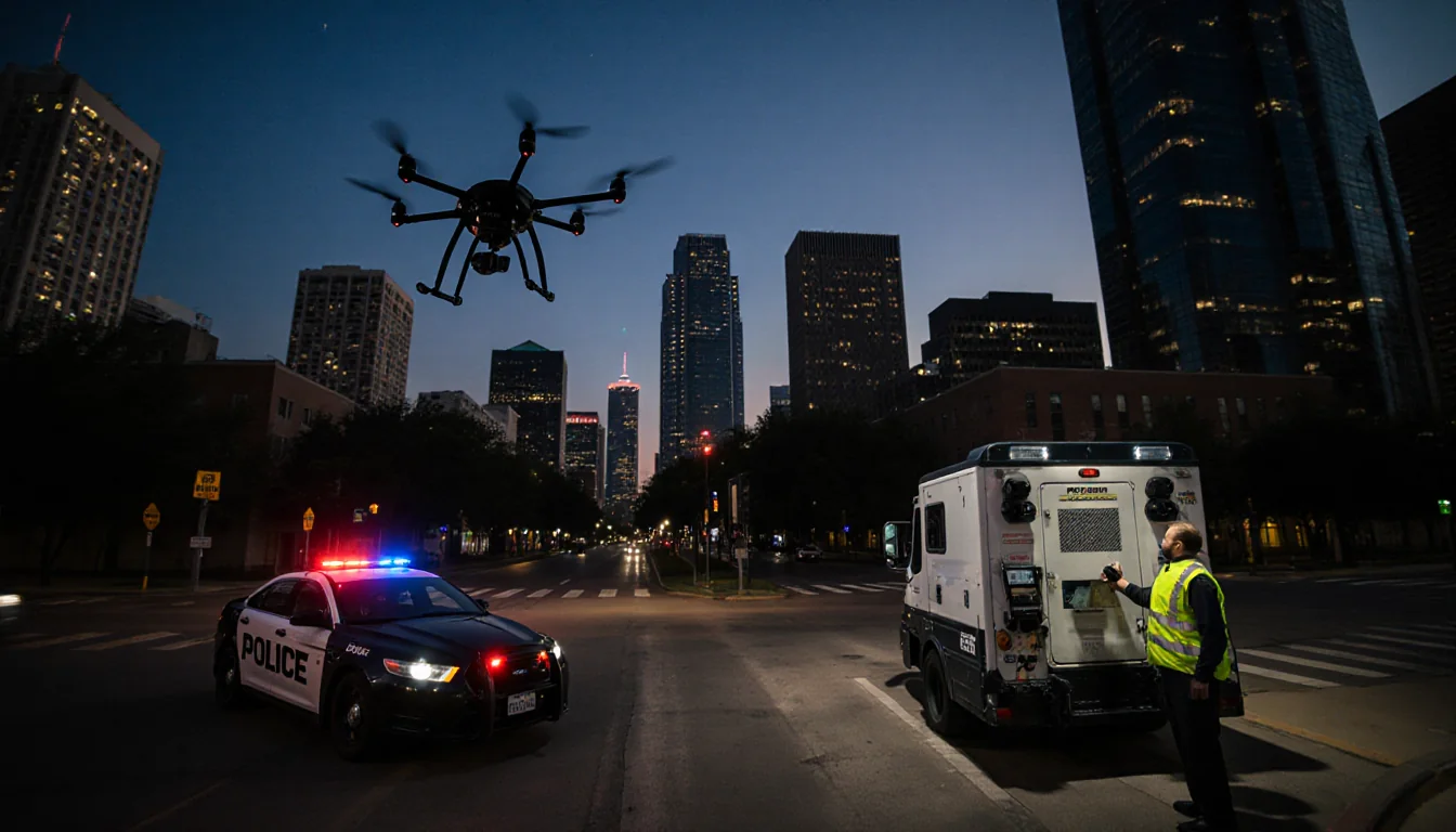 Person in reflective vest inspecting license plate readers with a police drone hovering above and a police car parked nearby.