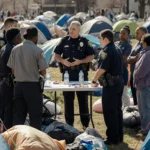 Sgt. Silver Valencia speaking with residents around a table with police and volunteers near tents in sunny clearing