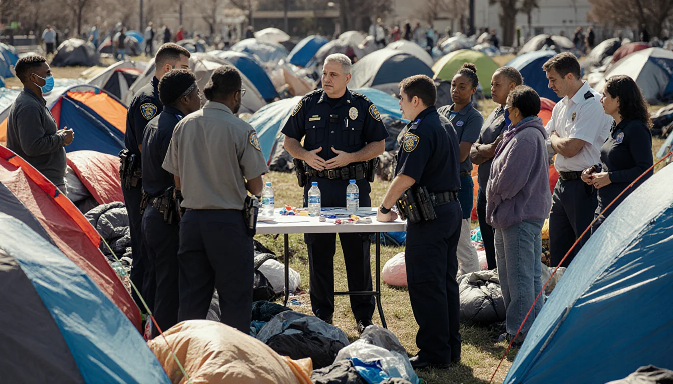Sgt. Silver Valencia speaking with residents around a table with police and volunteers near tents in sunny clearing