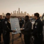 Sgt. Valencia offers meal bottle to homeless person while outreach team stands near cleared encampment with Dallas skyline