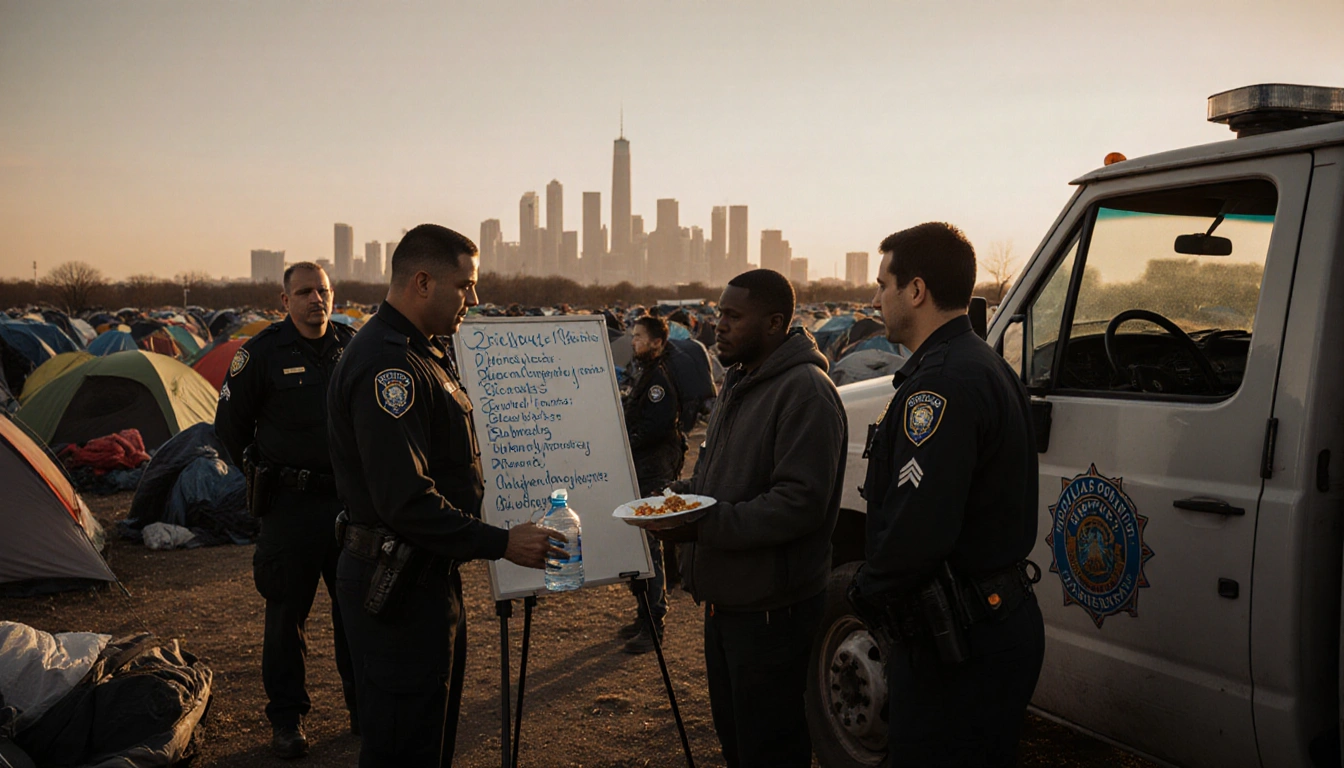 Sgt. Valencia offers meal bottle to homeless person while outreach team stands near cleared encampment with Dallas skyline