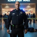 Dallas police officer standing in front of a blurred crowd at Town East Mall with suspect