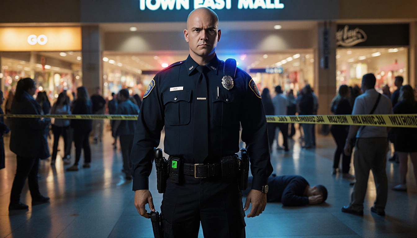 Dallas police officer standing in front of a blurred crowd at Town East Mall with suspect