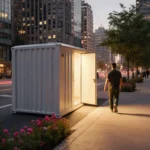 Person walking toward warm glow of portable shelter with door ajar and blooming greenery in Dallas street