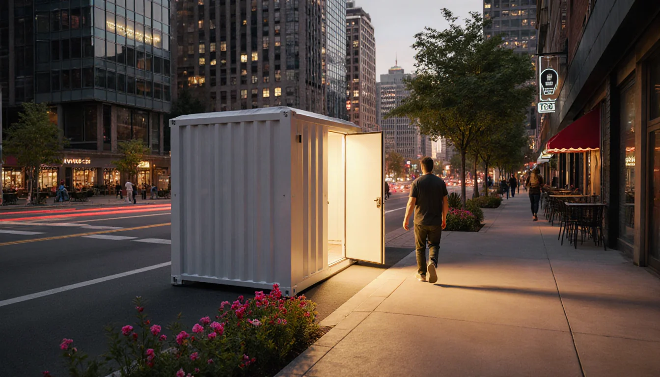 Person walking toward warm glow of portable shelter with door ajar and blooming greenery in Dallas street