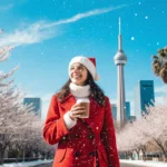 Person smiling holding hot cocoa with cherry blossoms and Dallas skyline in background