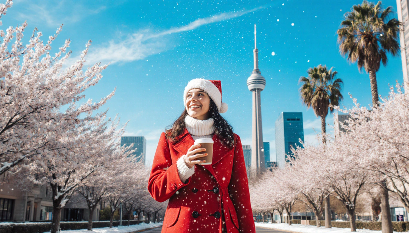 Person smiling holding hot cocoa with cherry blossoms and Dallas skyline in background