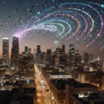 Drones pulse vibrant lights above downtown Dallas skyline with pyrotechnic bursts and golden dusk glow.