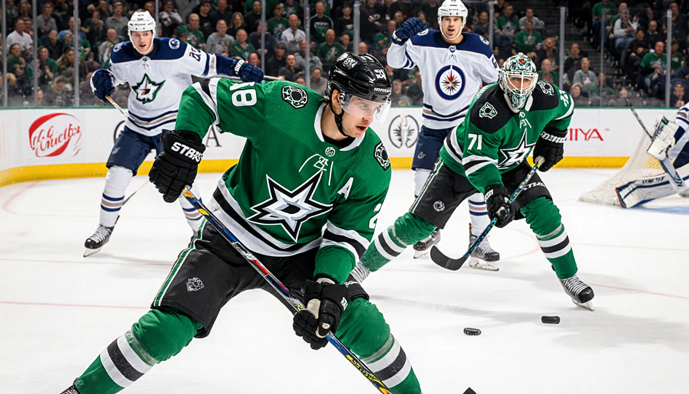 Jason Robertson scores a Dallas Stars hockey goal with Mikko Rantanen assisting and Casey DeSmith blocking shots in a dynamic