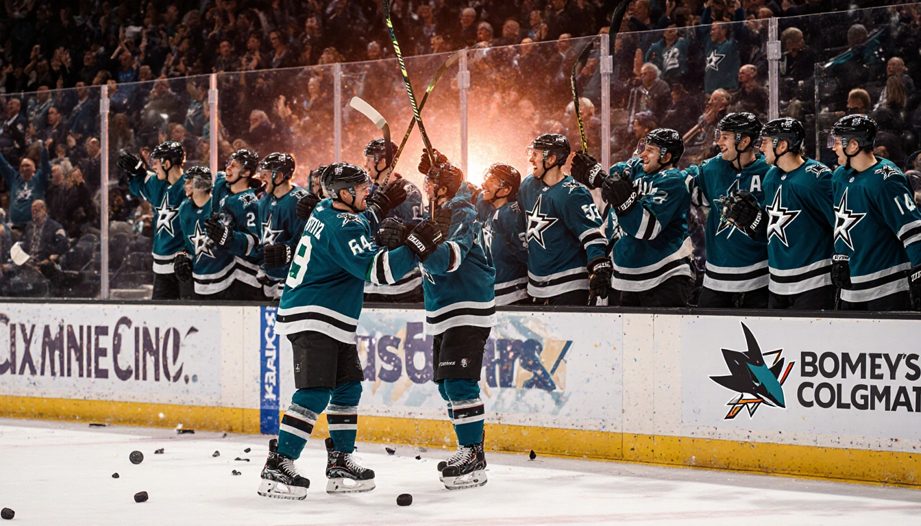 Wyatt Johnston and Roope Hintz high‑fiving after victory with hockey sticks held and grinning under orange‑pink arena lights
