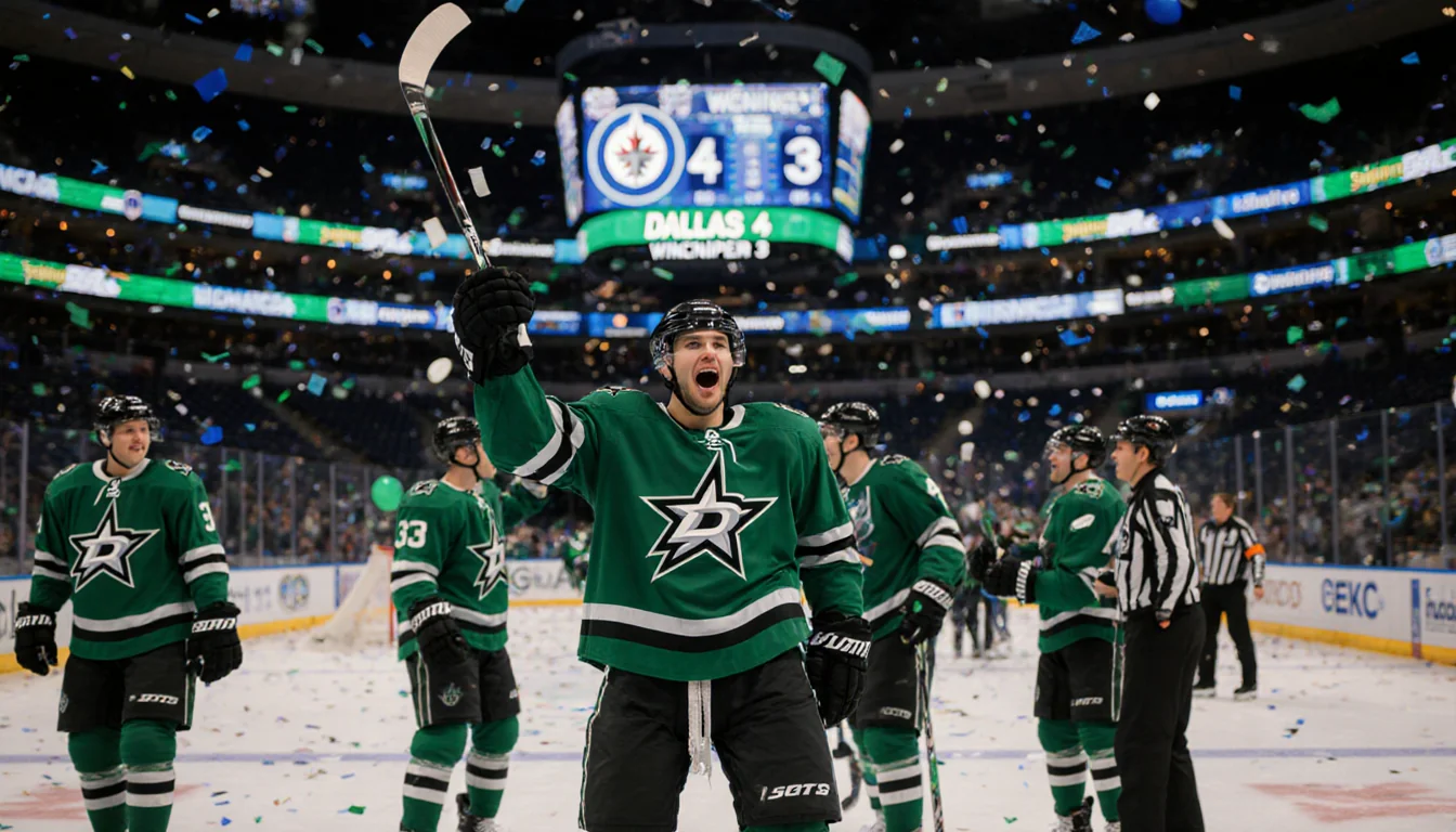 Dallas Stars player celebrating with teammates and confetti on a concourse scoreboard showing 4-3.