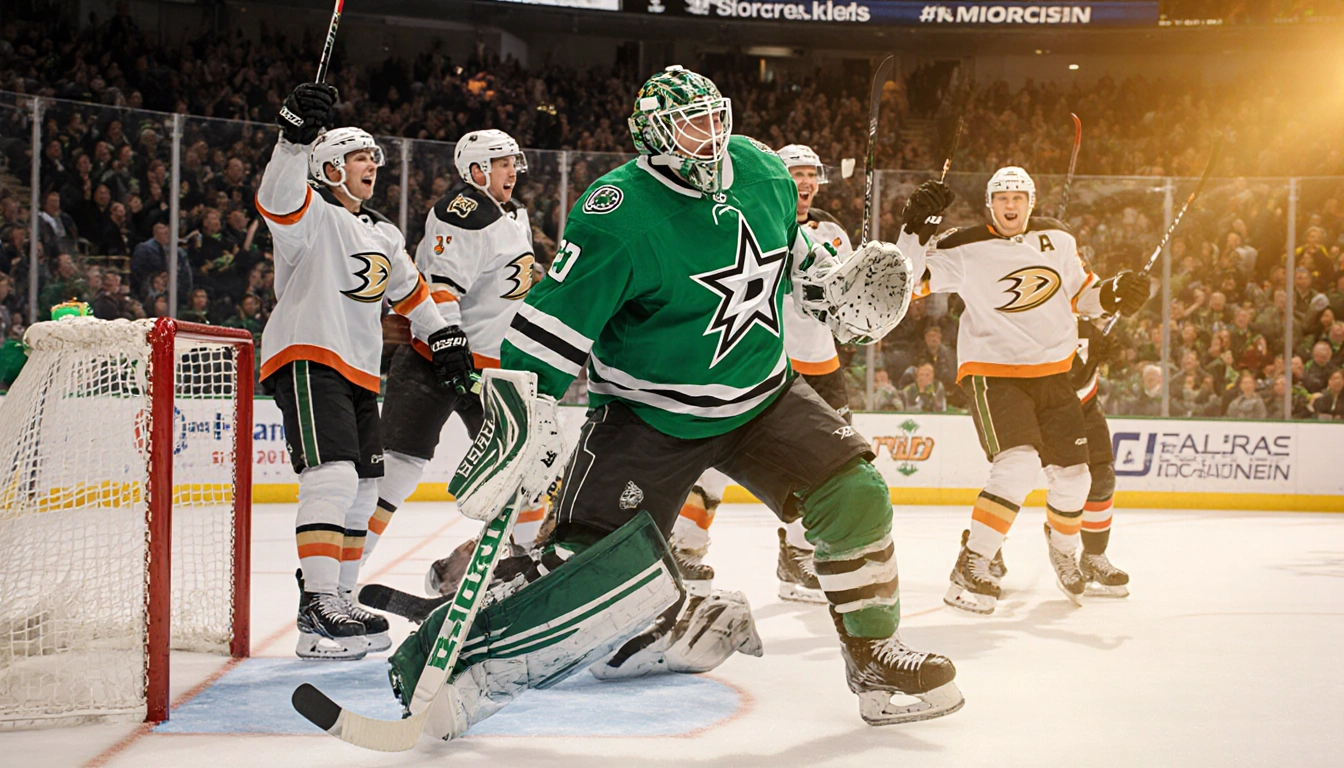 Anton Khudobin making a spectacular save with Dallas Stars teammates celebrating in American Airlines Center.