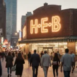 Crowd strolling toward H‑E‑B supermarket in Dallas shopping district with golden street lights and eclectic storefronts.